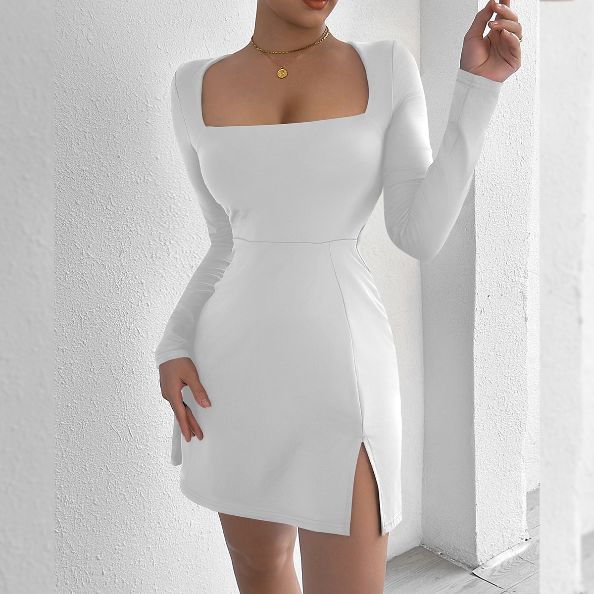 Women's Square Neck Long Sleeve Mini Dress American Style Tight Fit Sexy Fashion Casual Elegant Design For Summer_ecoleips.com