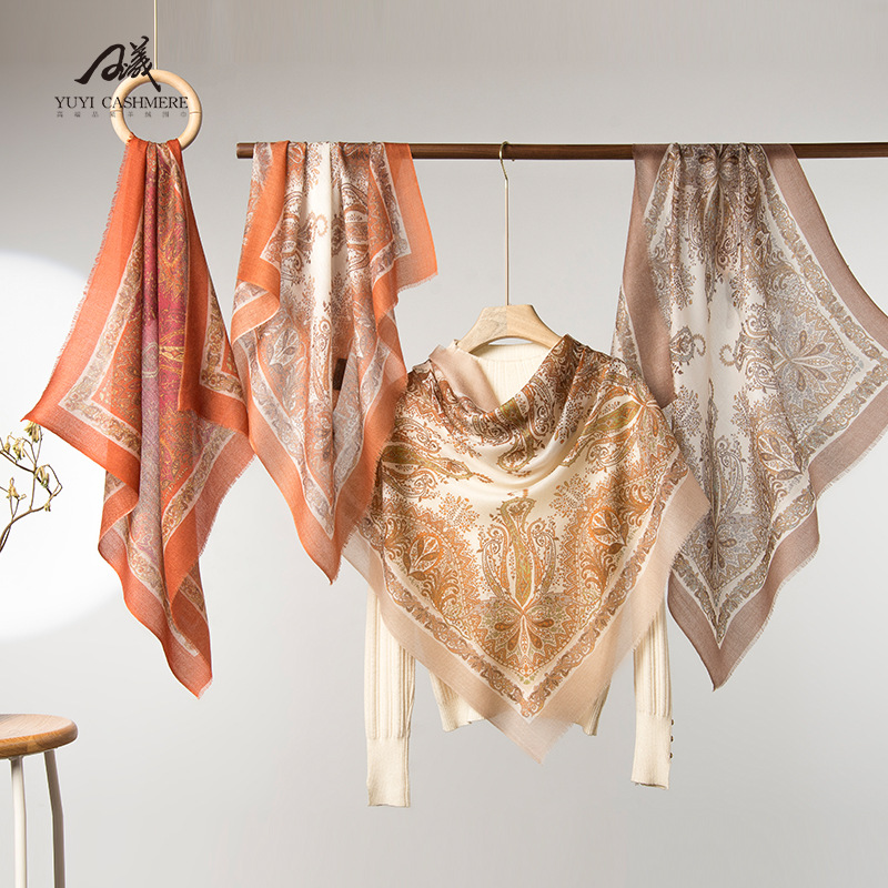New Printed Cashmere Small Square Scarf Inner Mongolia Cashmere Shawl Summer Thin National Trend Spray-Painted Cashmere Square Scarf Sun Protection
