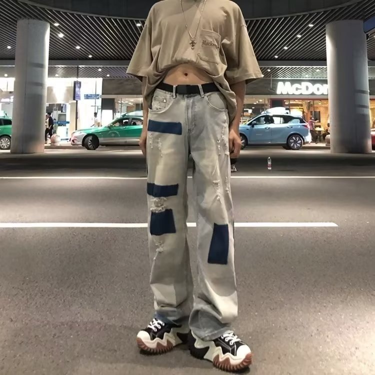 China-Chic Hip Hop High Street Used Wash Wide Leg Straight Tube Loose Herren Jeans Trendy oder Hose Hübscher Patch_voghion.com
