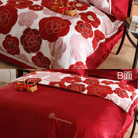 KF15美式山茶花100支婚庆四件套大红色床单被套结婚床上