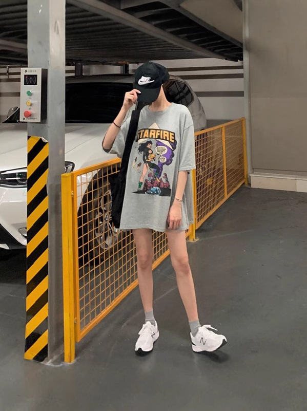 大きいサイズMM半袖ルーズカジュアルスタイル膝上Tシャツシンプル2025ミドル丈レディーススリム夏プリント多用途|undefined