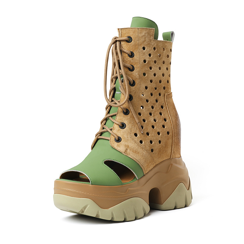 Boot nữ cổ thấp miệng cá, đế rỗng cao 12 cm, phong cách cổ điển — Màu xanh lục Nâu