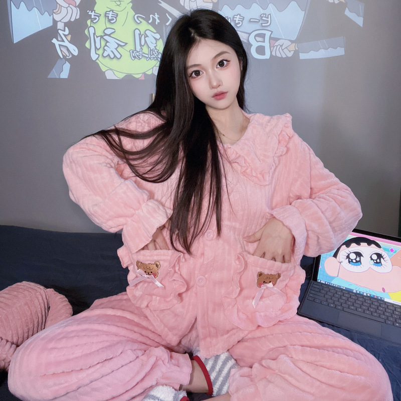 Rosa chica otoño y el invierno cálido coral lana fresca pequeña manga larga gruesa franela desgaste del hogar traje casual