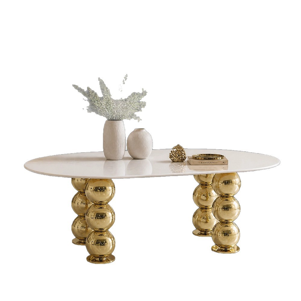 Mesa de Comedor Ovalada de Mármol y Acero Inoxidable para Comedor image 6