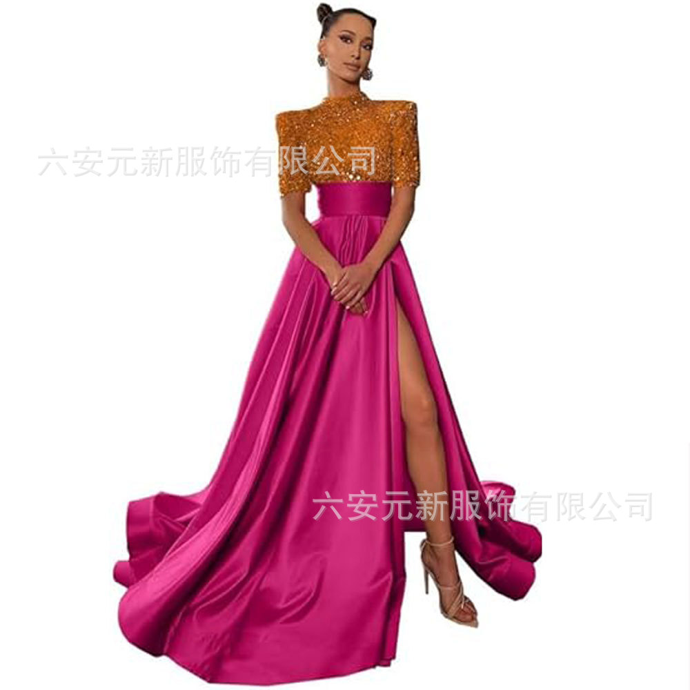 Europeo y americano Amazon AliExpress vestido de fiesta media manga lentejuelas satén vestido de noche A-line vestido de fiesta de hendidura image 35