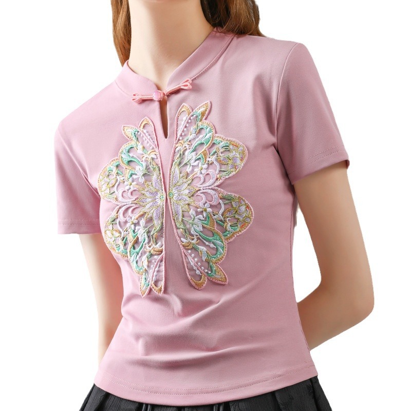 Nueva chaqueta china de estilo nacional de mujer verano 2024 nueva ropa de mujer retro bordado de hombro camiseta de manga corta