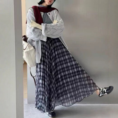 韩系复古气质撞色设计格纹半身裙女2025秋款高腰垂感休闲长裙