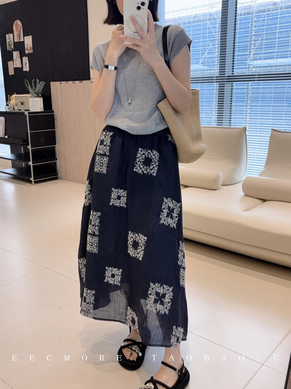 JING リネンスカート ~ 100 ラミーエレガントな刺繍ハイウエストスリムスカート 2025 夏の新しいスタイルの女性|undefined