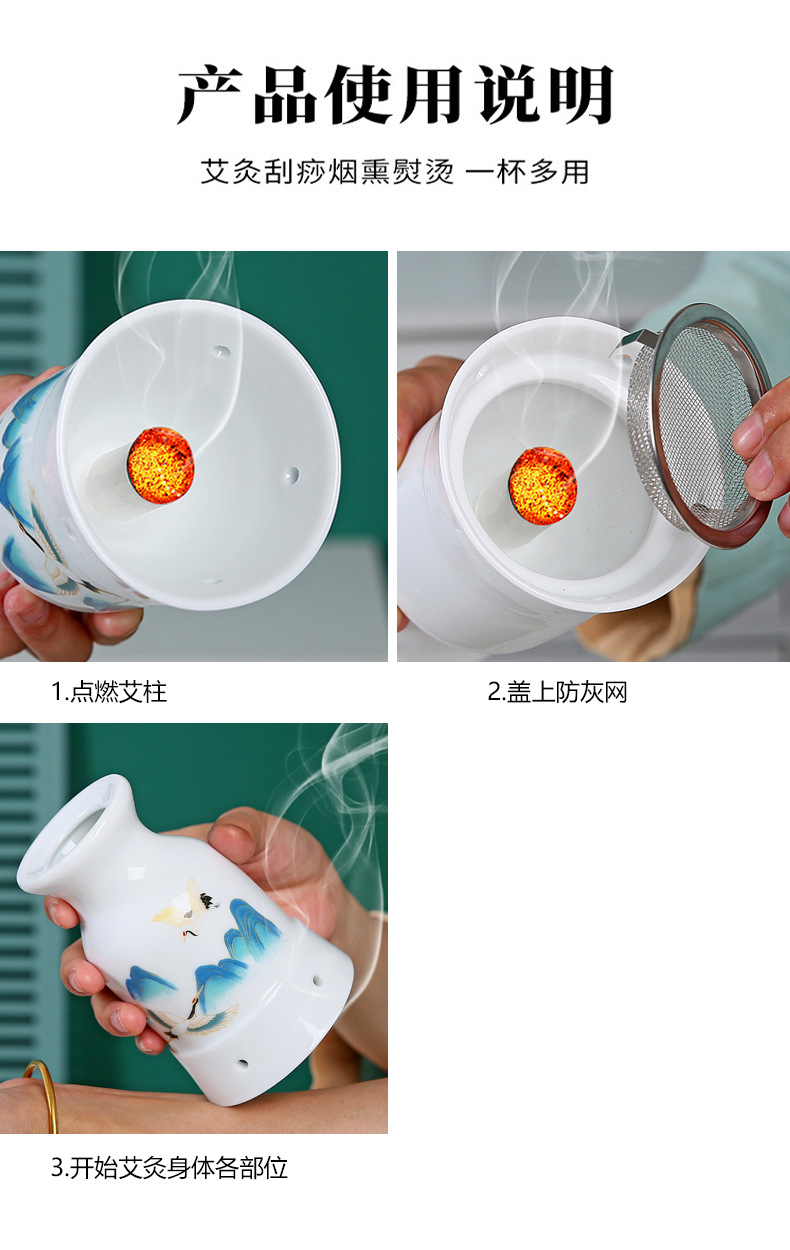 Ceramic Moxibustion Cup Wuling Jar Double Layer Heat Insulated Handheld Guasha Tool for Home Warm Therapy in use