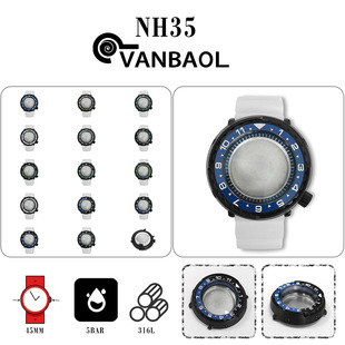 PVD black 45mm canned case + dark blue inner shadow + white rubber strap can hold NH35/NH36 movement