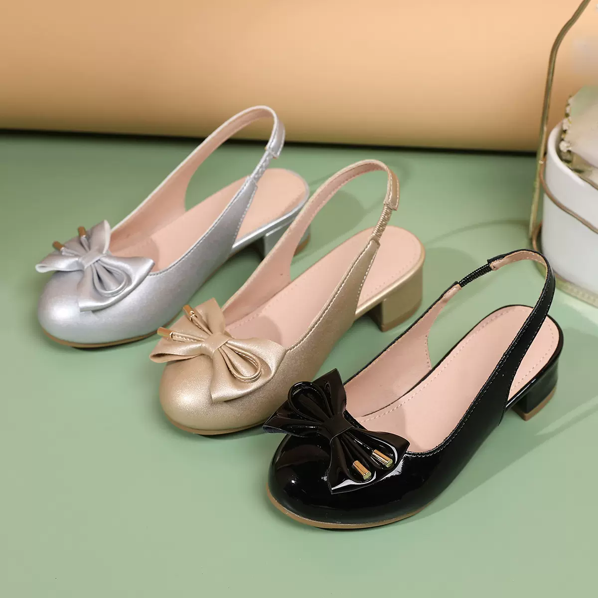 2025儿童高跟鞋夏新款女童单鞋韩版圆头小女孩蝴蝶结后空公主皮鞋