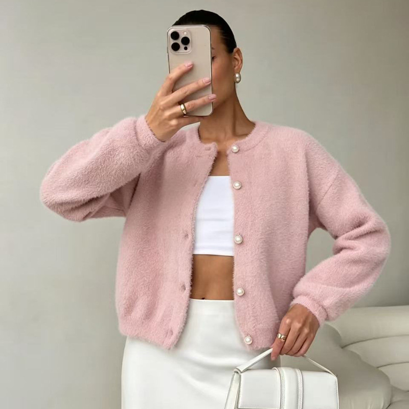 Imitation Mink Velvet Pearl Button Knitted Cardigan Women's Short Style Lazy Style Cross-Border Sweater Jacket 2026 Autumn and Winter New Style