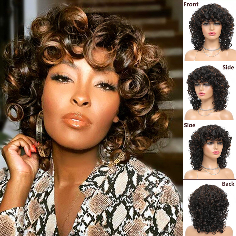 Wig Black Curly Hair Mixed with Brown Short Curly Hair for African American Women, Large Wholesale, Retro Style, Fluffy
