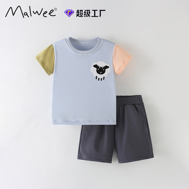 Traje de niño malwee transfronterizo, nuevo estilo de verano, camiseta de cuello redondo para niños pequeños y medianos europeos y americanos, pantalones de cintura elástica, ropa para niños