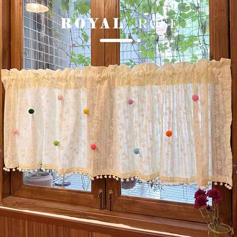 French-Style Pastoral Floral Colorful Tassel Short Curtain Door Curtain, No-Drill Bedside Cover Curtain, Kitchen Wardrobe Concealing Curtain