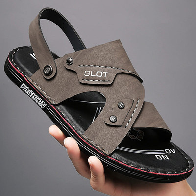 涼鞋夏季男士皮涼拖鞋2021新款休閑個性兩穿縫線超纖鞋子沙灘鞋男