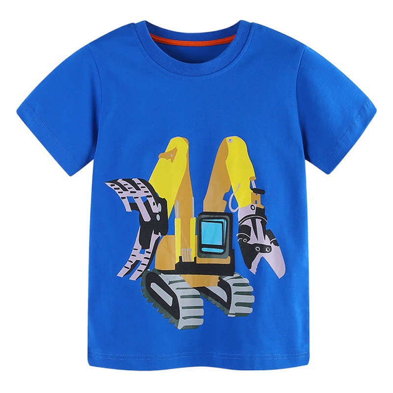 Verano nueva camiseta de los niños estilo europeo y americano de dibujos animados excavadora impresa cuello redondo camisa de manga corta de moda entrega de una sola pieza