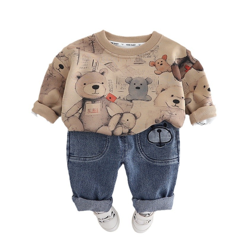 Sudadera con capucha para niños cuello redondo, estilo coreano – set con diseño de oso cute, primavera 2025.