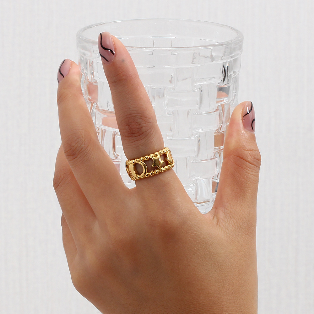 Fashion Stainless Steel Plated 18K Hollow Star Moon Heart-Shaped Ring