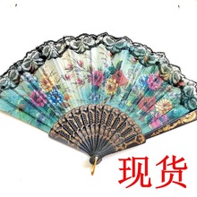 厂家直销塑料扇工艺折叠扇西班牙扇黑布扇子折扇蕾丝扇