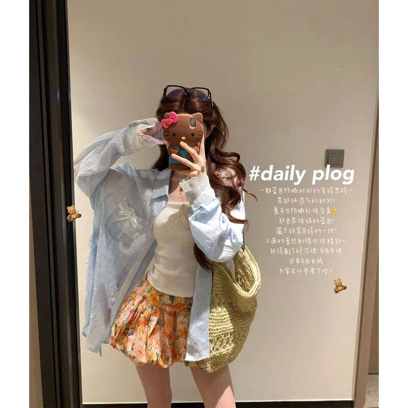 2026 Summer New Light Blue Sun Protection Shirt for Women, Summer Loose and Lazy Style Lace Embroidered Thin Shirt for Women
