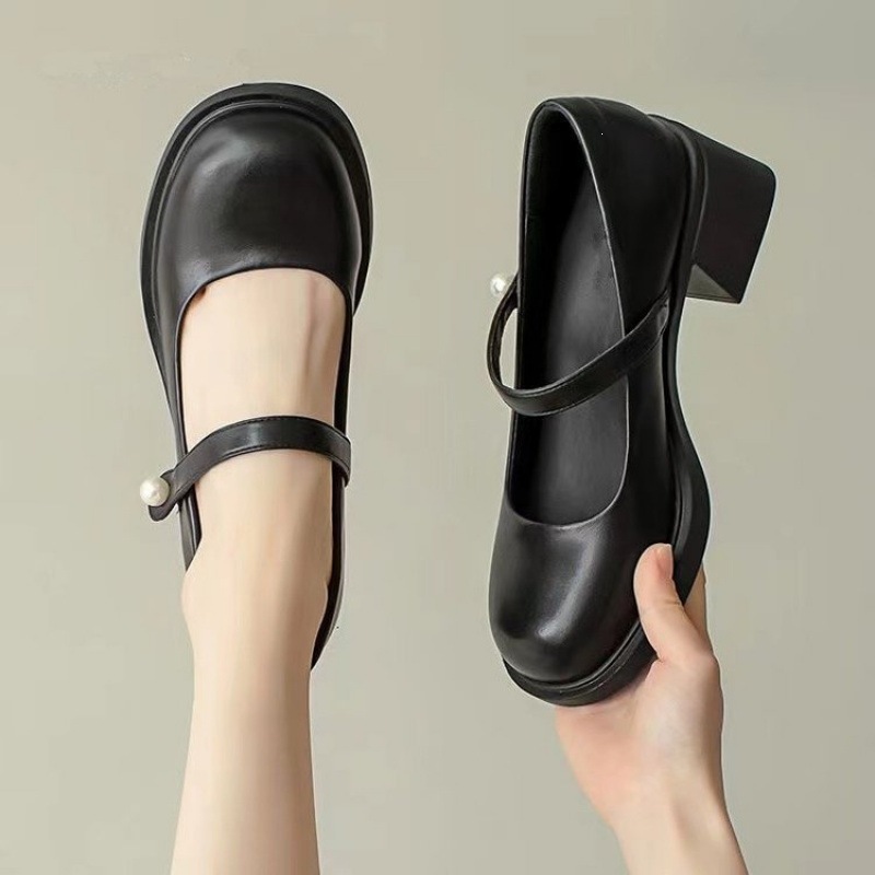 2026 primavera y otoño zapatos de cuero redondos de perla de cuero suave francés zapatos de mujer de tacón grueso zapatos de noche