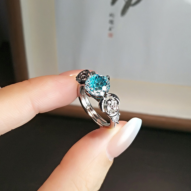 网红直播爆品绝美清冷感烟花切戒指立体双玫瑰轻奢百搭山茶花女戒|undefined