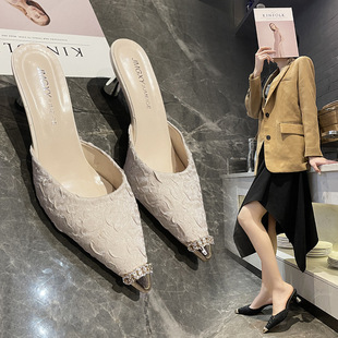 2024 spring new closed toe half slippers 33 small size pointed stiletto heel high heels fashion Muller sandals women's summer