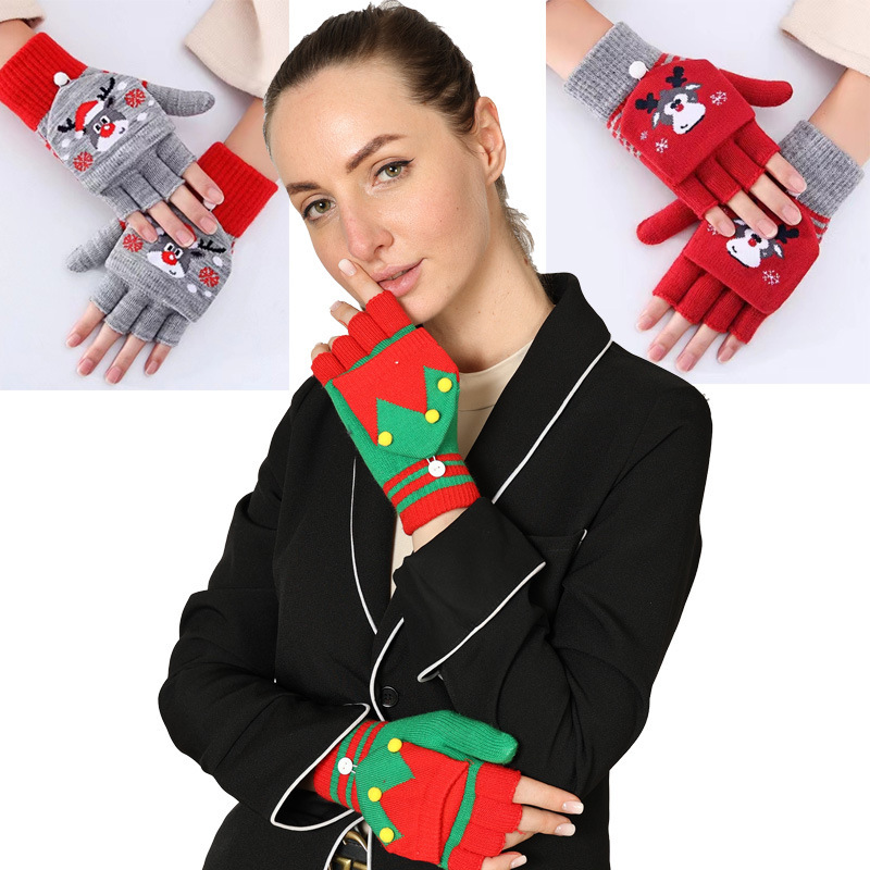 クリスマス手袋 秋冬 暖かい ハーフフィンガー フリップ クリスマス ギフト ジャガード手袋 アクリル手袋 書き込み兼用|undefined