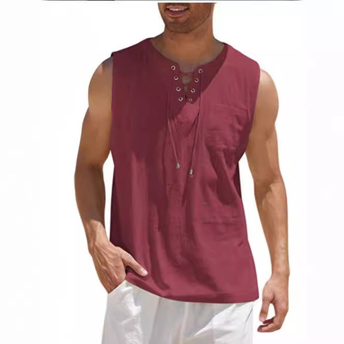 2025 Amazon Independent Store Summer Best-Selling New Men's Cotton-Linen Solid Color Fashion Sleeveless Strap Casual Shirt