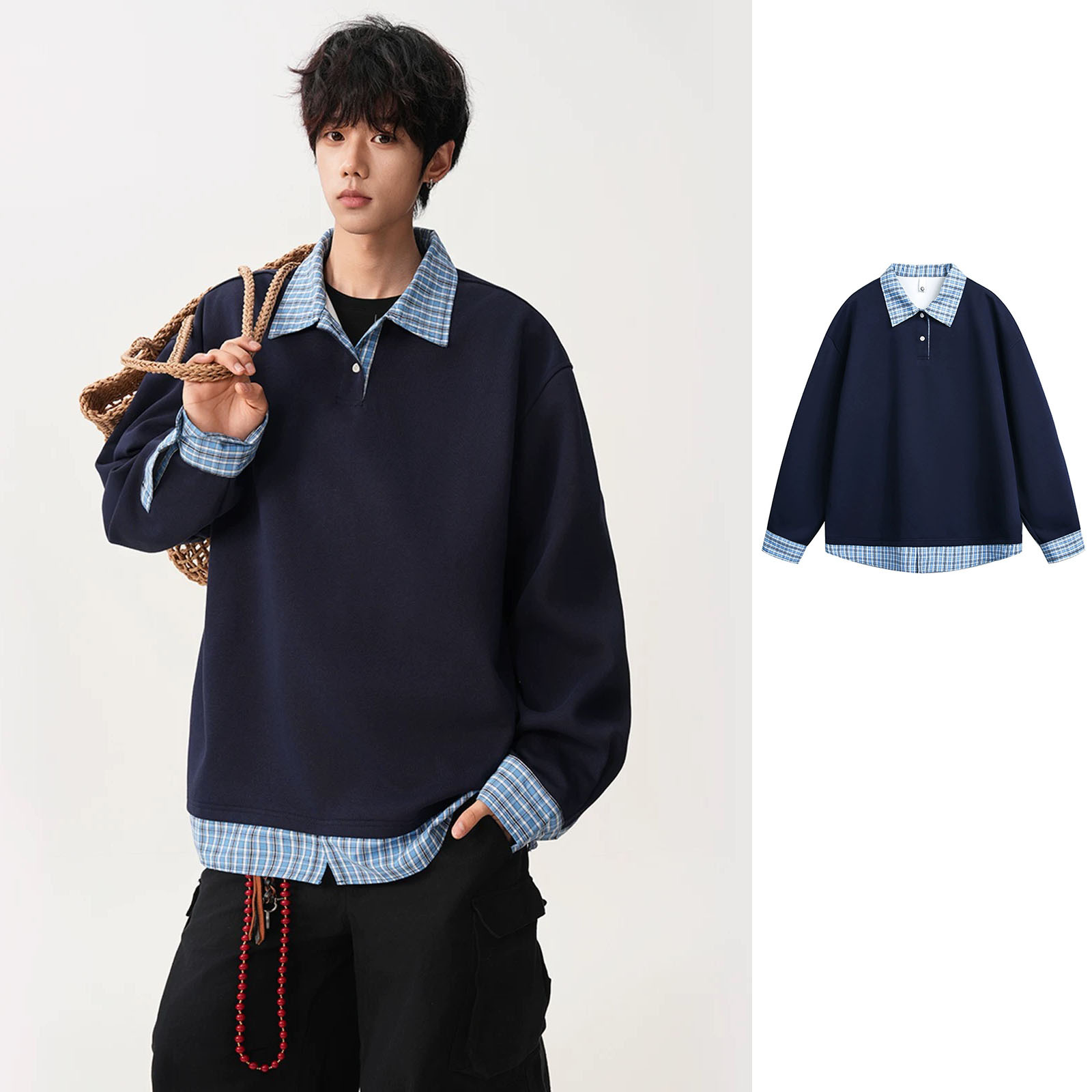 Falsa camisa de dos piezas cuello de costura polo camisa vieja camisa de estilo de dinero para hombre sensación superior primavera y otoño fábrica de manga larga transfronteriza al por mayor