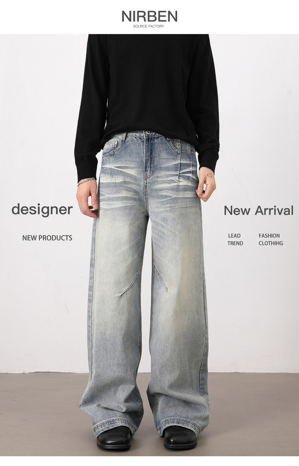 Quần jeans nam dáng rộng ống đứng phong cách high street, lưng vừa, dài ống, dễ phối đồ — Xanh nhạt chi tiết 3