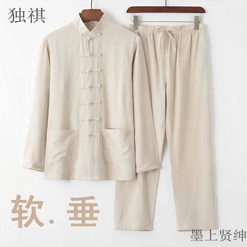 Cotton and linen Tang suit men's Chinese style long-sleeved suit, Chinese retro style, Chinese style button men's clothing, middle-aged and elderly loose Chinese Tai Chi uniform