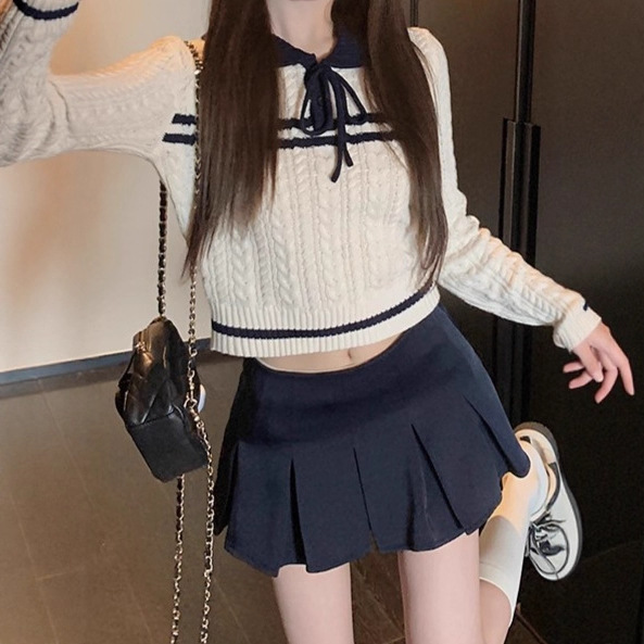 学院风Miu系气质麻花蝴蝶结针织衫女2025秋季新款慵懒休闲上衣|undefined