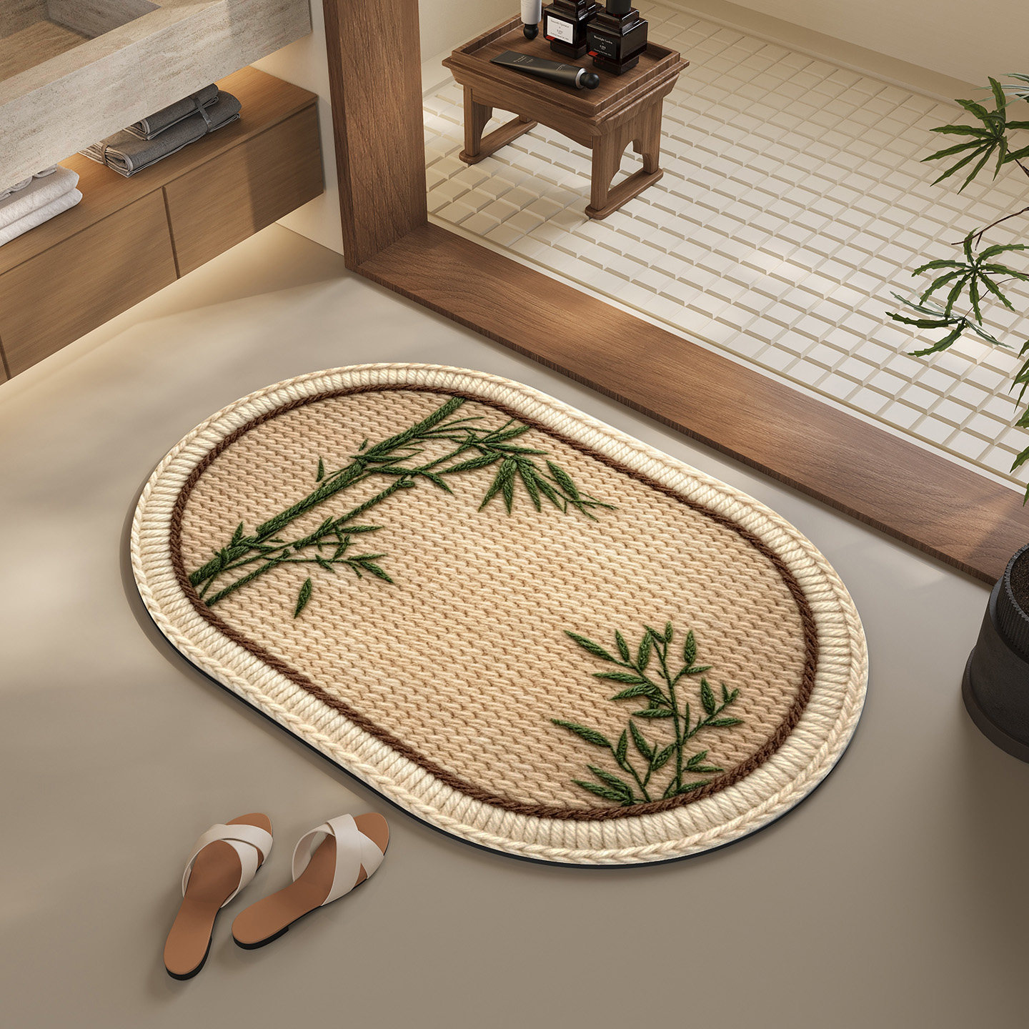 New Chinese-style bamboo diatomite bathroom absorbent non-slip mat, Zen-inspired traditional Chinese-style dirt-resistant mat for bathroom entrance