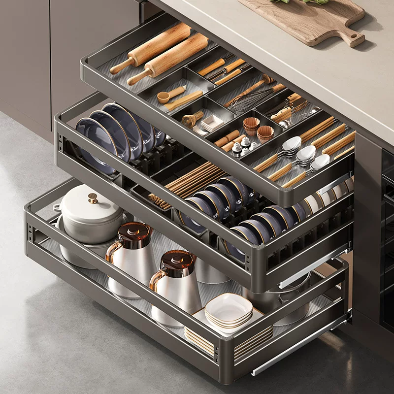 Ermo Gun Grey Stainless Steel Pull-Out Drawer Dish Storage Cabinet, Multi-Tier Kitchen Organizer