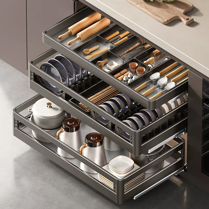 厨房拉篮橱柜枪灰不锈钢抽屉式碗碟收纳柜抽中抽碗碟篮筷子收纳盒