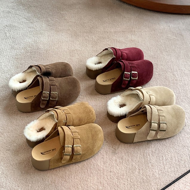 牛皮版~加绒保暖勃肯鞋双扣带包头休闲羊毛毛勃肯拖鞋女半拖外穿