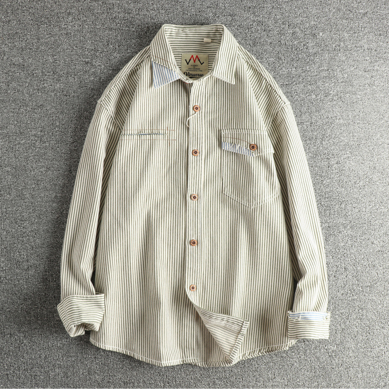 Vintage Patchwork Design American Retro Men's Denim Long-Sleeve Shirt Custom Woven Striped Fabric Trendy Jacket