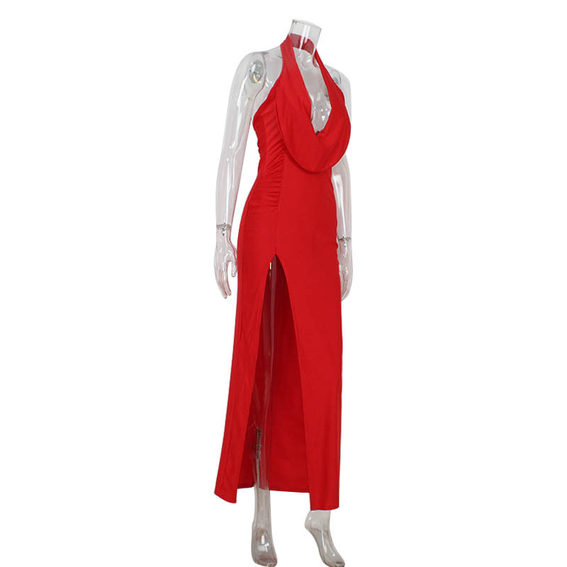 Women Clothing Sleeveless Halter Deep V Plunge Sexy High Slit Backless Sexy Dress Red Carpet Dress