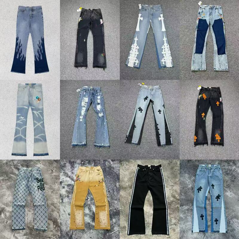 Gallery Dept Drive American-Style Splash-Ink Patchwork Micro-Flared Lumberjack Work Pants Raw Hem Denim Jeans Trendy
