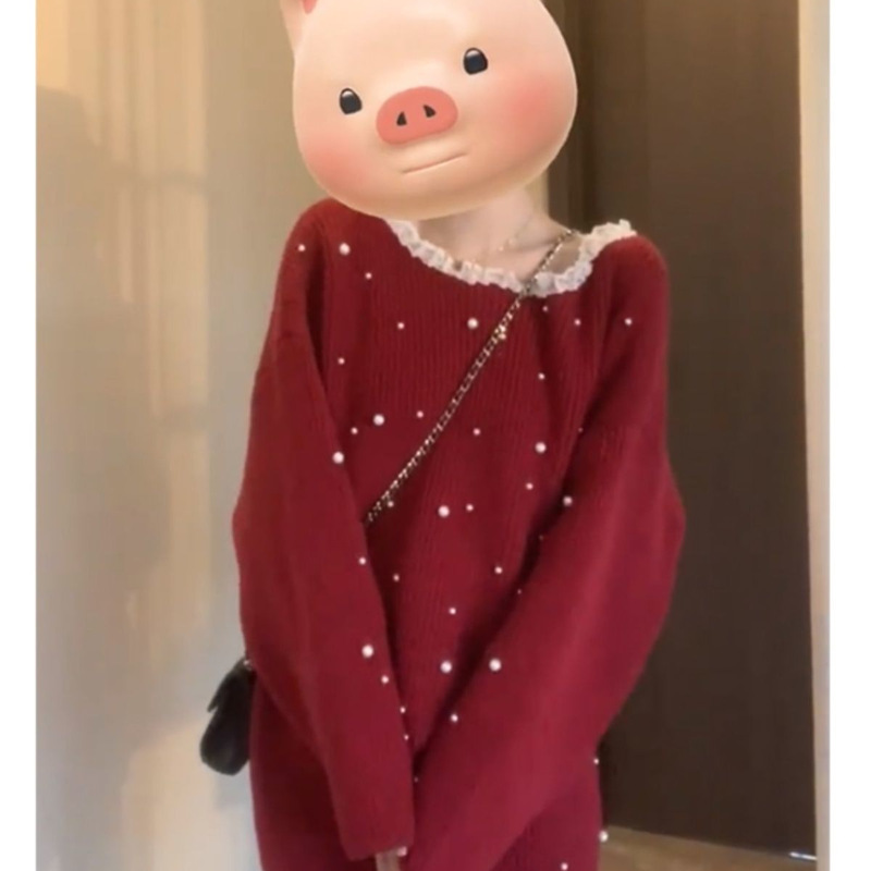 Christmas and New Year High-End Outfit Set, Autumn and Winter Women's Clothing, Red Off-The-Shoulder Sweater, Hip-Hugging Skirt, Two-Piece Set Christmas and New Year High-End Outfit Set, Autumn and Winter Women's Clothing, Red Off-The-Shoulder Sweater, Hip-Hugging Skirt, Two-Piece Set