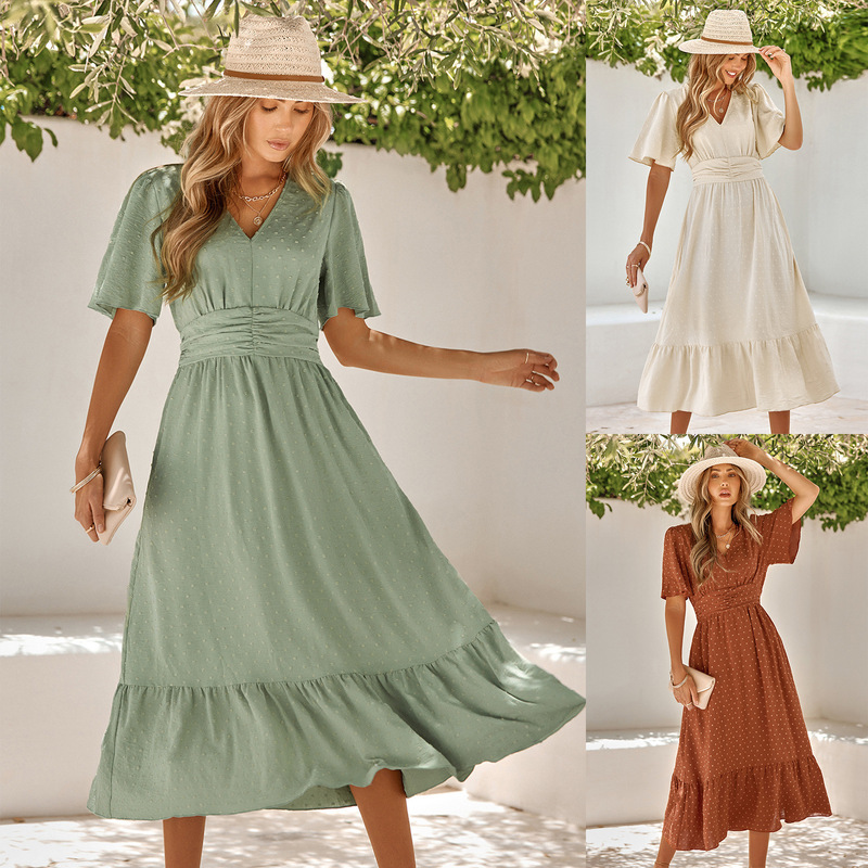 eBay Independent Station 2023 Casual European and American Women's Summer New V-neck Lotus Leaf Sleeve Solid Color Dress Women