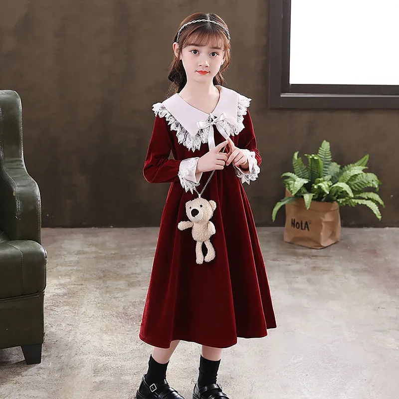 Vestido para niños vestido de Primavera de manga larga ropa para niños nuevo vestido de princesa occidental rojo en línea vestido de niña de longitud media