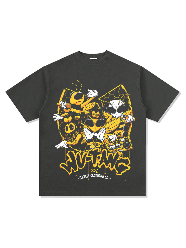 Wu-tang camiseta de manga corta retro americana con estampado lavado y desgastado suéter con capucha y cuello redondo suelto de algodón pesado
