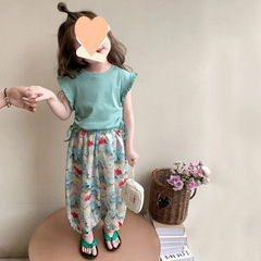 女の子半袖スーツ、ファッショナブルな子供用夏花柄防蚊パンツ、カジュアルツーピースセット、小さな女の子の夏服トレンド