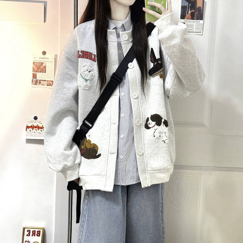 Gray puppy embroidered baseball jacket for women, 2026 new autumn American style loose jacket Gray puppy embroidered baseball jacket for women, 2026 new autumn American style loose jacket