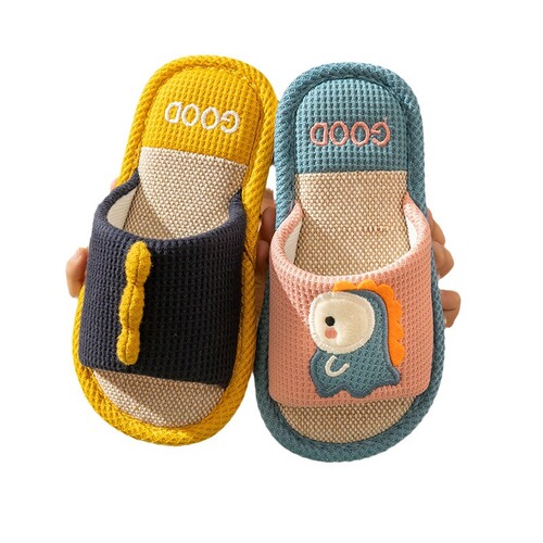 Linen Slippers for Children, Indoor Home Decor, Cute Dinosaur Home Use, Adult Anti-Slip Summer Cartoon Parent-Child Cooling Slippers