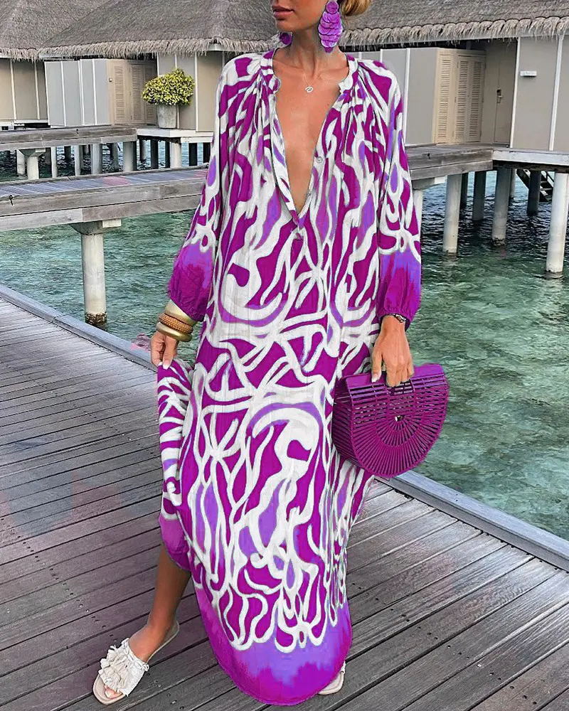 Women's Swing Dress Vacation V Neck Printing Long Sleeve Printing Maxi Long Dress Holiday display picture 4