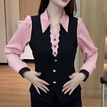 春夏季新款新品装洋气拼接假两件减龄翻领衬衫显瘦遮肚女上衣